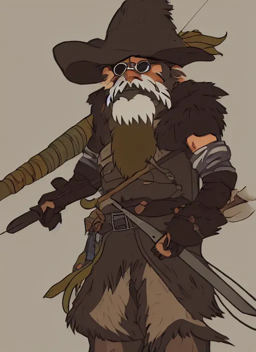 Image similar to bugbear ranger, black beard, dungeons and dragons, hunters gear, flames, character design on white background, by studio ghibli, makoto shinkai