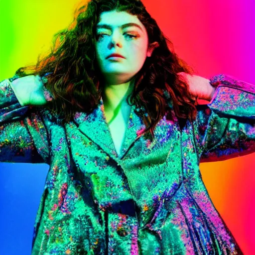 Image similar to 8k high detailed 35mm wide angle lens photograph of lorde in futurecore attire experiencing complete euphoria, vivid details, in the style of Andy Warhol