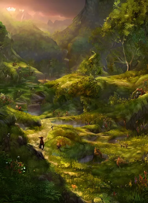 Image similar to the silhouette of a flying fairy in the distance of a lord of the rings scenery landscape, a vast lush valley flowers and wooden structures, stream, sunrise, god's rays highly detailed, vivid color, cinematic lighting, perfect composition, 8 k, gustave dore, derek zabrocki, greg rutkowski, belsinski, octane render