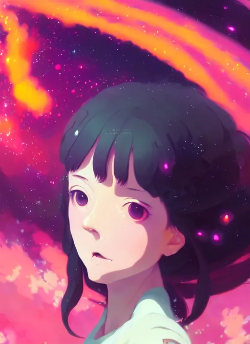 Image similar to portrait of cute girl, very psychedelic space background illustration concept art anime key visual trending pixiv fanbox by wlop and greg rutkowski and makoto shinkai and studio ghibli and kyoto animation