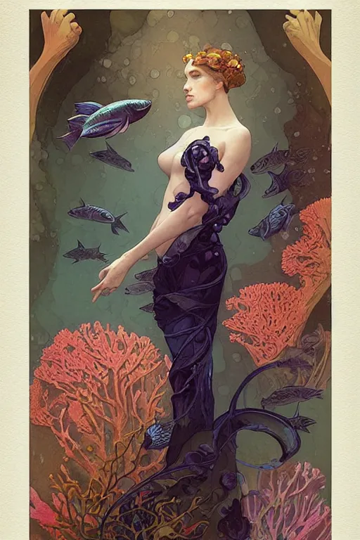 Prompt: profile portrait of a beautiful mysterious woman underwater, hidden hands holding a bouquet of flowers, corals and fish, by eve ventrue, michael carson, andreas rochas, john watkiss, casey weldon, artgerm. art nouveau. tarot card by mucha. gloomhaven. swirly intricate linework background. gaudy colors, sharp edges. octane render