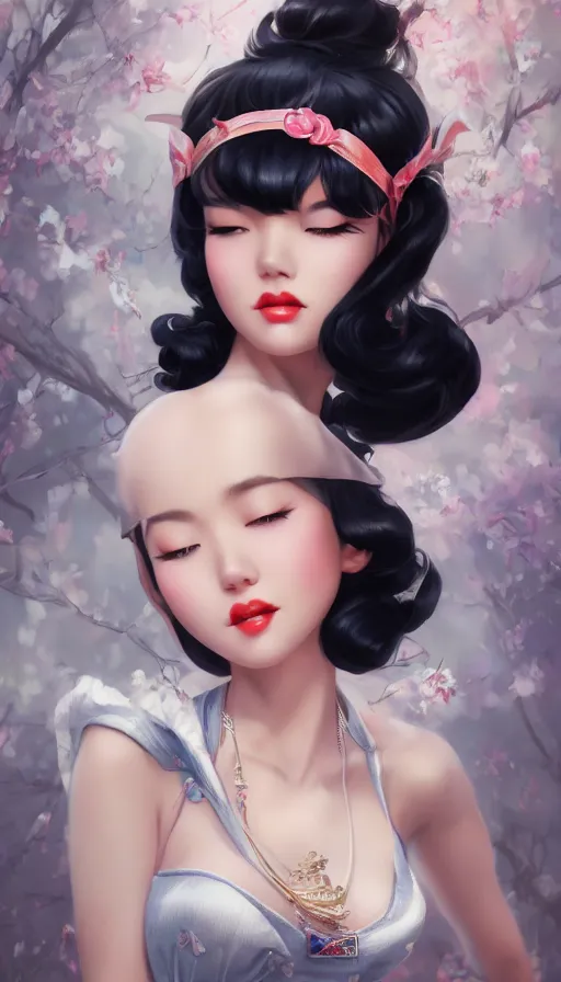 Image similar to a pin up and beautiful fashion and charming and dreamlke asian girl, lv jewelry, art by artgerm & jeehyung lee & wlop, hyperdetailed, 8 k realistic, symmetrical, frostbite 3 engine, cryengine, dof, trending on artstation, digital art