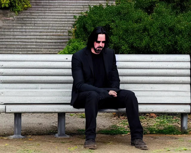 Prompt: photo of sad keanu reeves sitting on a bench in a park. lifelike. ultra detailed. intricate. soft light. nikon d 8 5 0.