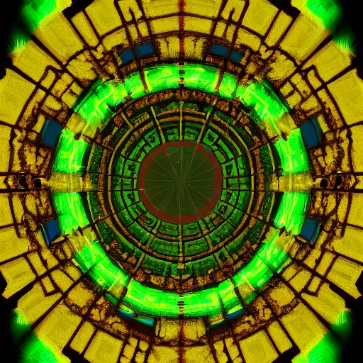 Prompt: green and yellow, portal from earth to hell