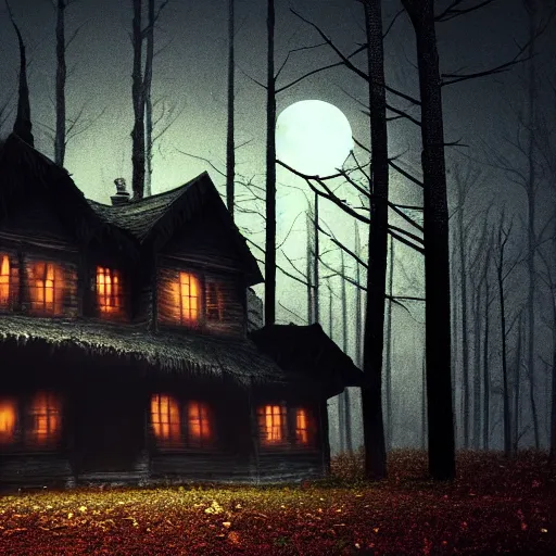 Prompt: dark forest with scary wooden house, full moon, cinematic scene