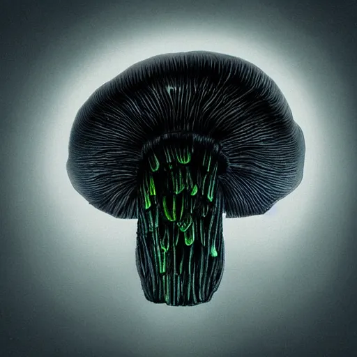 Image similar to beautiful roud mushroom cap - alien, bottom view, luminous lamellae are clearly visible, Giger, black background, hyper realism, epic composition