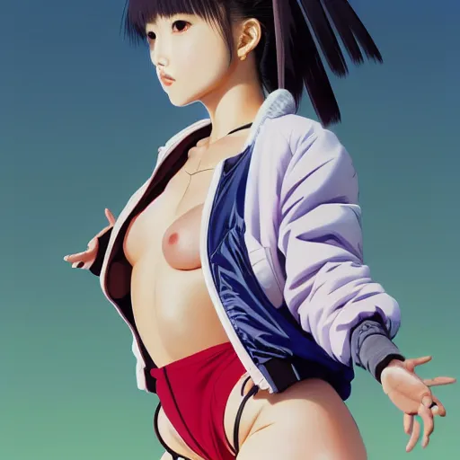 Image similar to a beautiful japanese natalie portman gravure model, wearing oversized native designer bomber jacket and leotard with overalls, bulky poofy bomber jacket with mesoamerican patterns, mesoamerican native street fashion, gapmoe yandere grimdark, trending on pixiv fanbox, painted by greg rutkowski makoto shinkai takashi takeuchi studio ghibli, akihiko yoshida