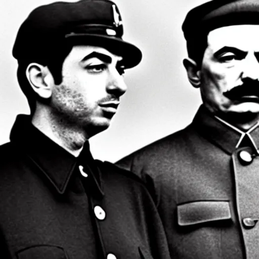 Image similar to Nathan For You, Nathan Fielder, Standing next to Joseph Stalin, Winter coats, somber solemn black and white photo