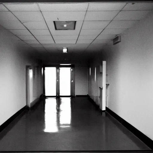 Prompt: an empty office hallway, dim, craigslist photo