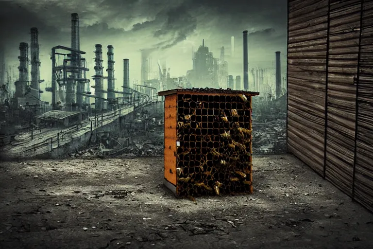 Image similar to simplicity, gothic river favela honeybee hive, urban environment, industrial factory, apocalyptic, somber, award winning art, epic dreamlike fantasy landscape, ultra realistic,