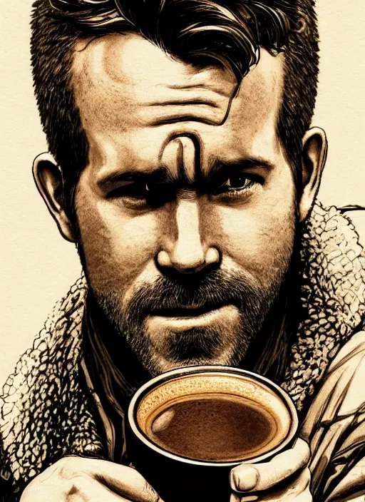 Image similar to close up portrait of ryan reynolds drinking coffee upside down, powerful, domineering, stoic, masterful, intense, ultrafine hyperdetailed illustration by kim jung gi, irakli nadar, intricate linework, sharp focus, octopath traveler, yoji shinkawa, highly rendered, detailed, concept art