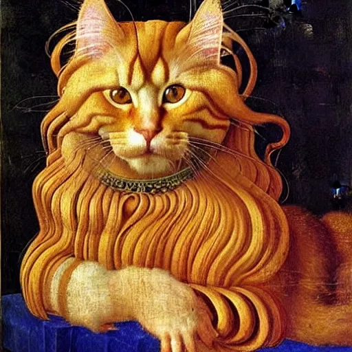 Image similar to beautiful renaissance painting portrait of ginger maine coon by sandro botticelli, jan van eyck, tiziano vecelli, piero della francesca