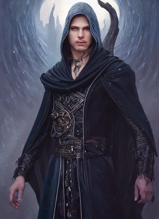 Prompt: ultrarealistic male mage face portrait fighting, long black hair blue eyes wearing leather mantle gothic navy cloak with leather details, cliffside town, fantasy character portrait, octane render, extreme intricate details, elegant, cinematic lighting, highly detailed, artstation, dnd art, cgsociety, sharp focus, beautiful digital painting by artgerm, gerald brom, wlop, alphonse mucha