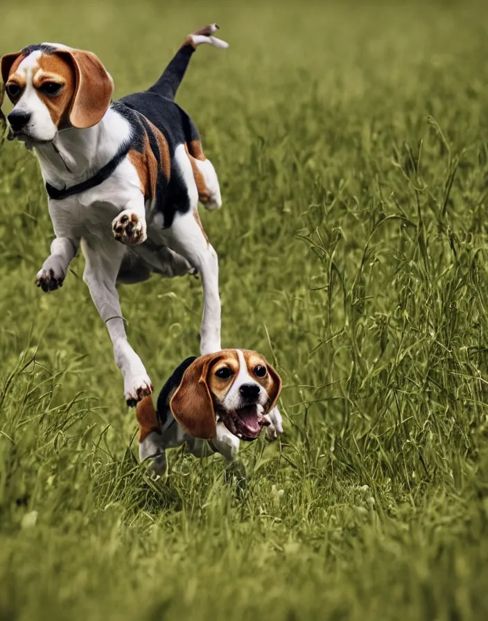 Image similar to a beagle running in a field . intricate artwork by art-station. octane render, cinematic, hyper realism, 8k, depth of field.