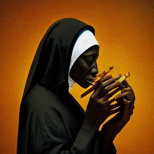 Image similar to a black nun smoking a joint and puffing lots of smoke, by Beksinski, lens flares, minimalistic background