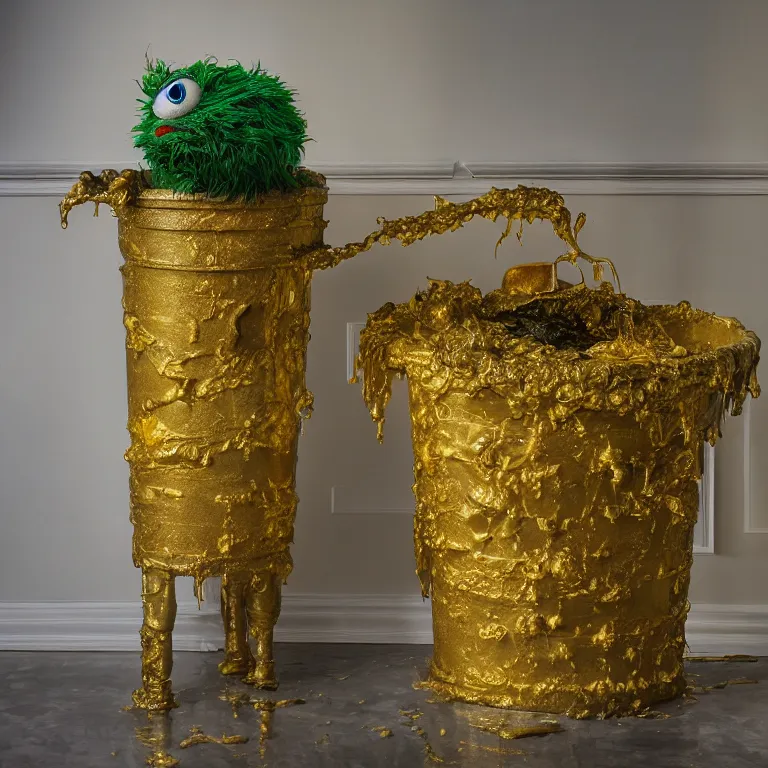 Prompt: beautiful studio photograph of a surrealist assemblage of oscar the grouch bathing in liquid gold in the presidential suite, made of watercolor - painted plaster on a pedestal by ron mueck and matthew barney and rene magritte, hysterical realism intense cinematic lighting shocking detail 8 k