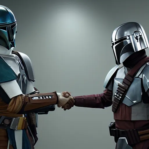 Prompt: walter white shaking hands with the mandalorian, dramatic digital art