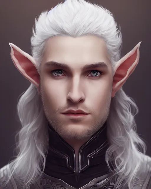 Prompt: portrait, beautiful male elf, long wavy white hair, super detailed, light black armor with silver accenting, silver jewelry, fur lined cape, 8 k, filmic, octane render, sunlight, clouds, artstation, greg rutkowski, rossdraws, william bouguereau, sharp focus