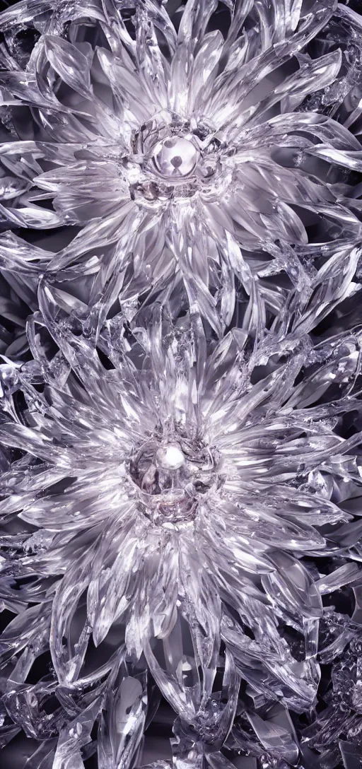 Image similar to portait of a crystal flower, octane render uhd, filmic lighting, cinematic art shot, hyperrealistic, hyperdetailed, super detailed, 8 k, high resolution, 8 k uhd, mega high white mountain, midnight