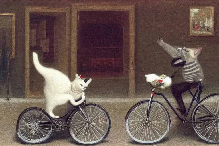 Image similar to a cat driving a bicycle, an illustration by michael sowa