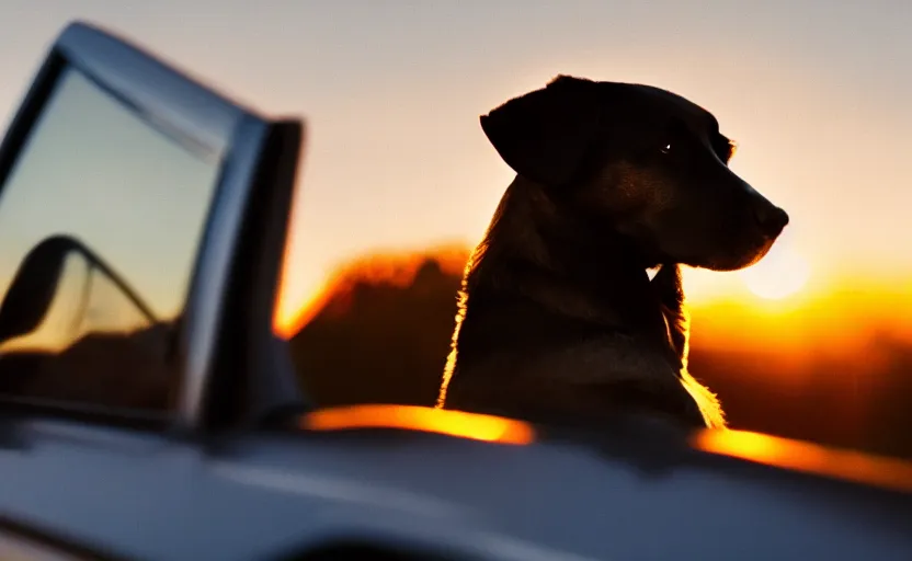 Prompt: a dog is looking out of a driving car window at sunset