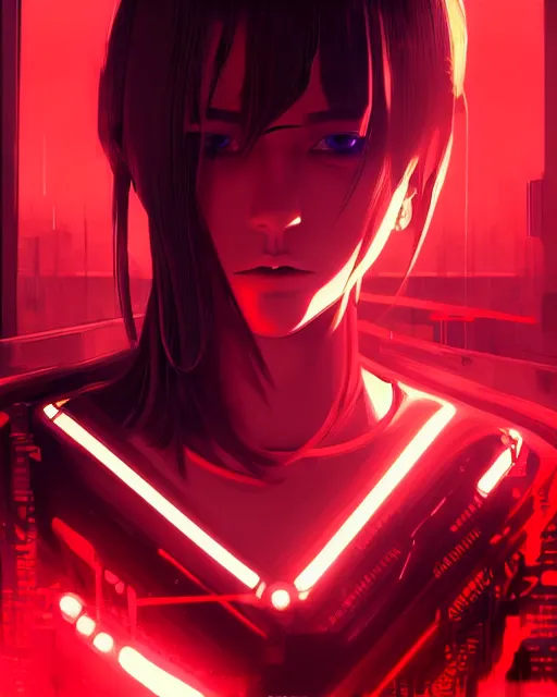 Image similar to a detailed potrait of a cyberpunk cyborg girl with black and red parts, perfect face, realistic shaded perfect face, detailed. night setting. very anime style. realistic shaded lighting poster by ilya kuvshinov katsuhiro, unreal engine, global illumination, radiant light, detailed and intricate environment