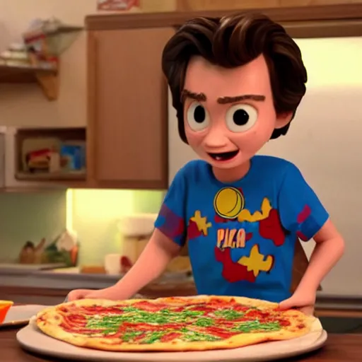 Prompt: Pixar Animation of Steve Harrington from Stranger things making a pizza