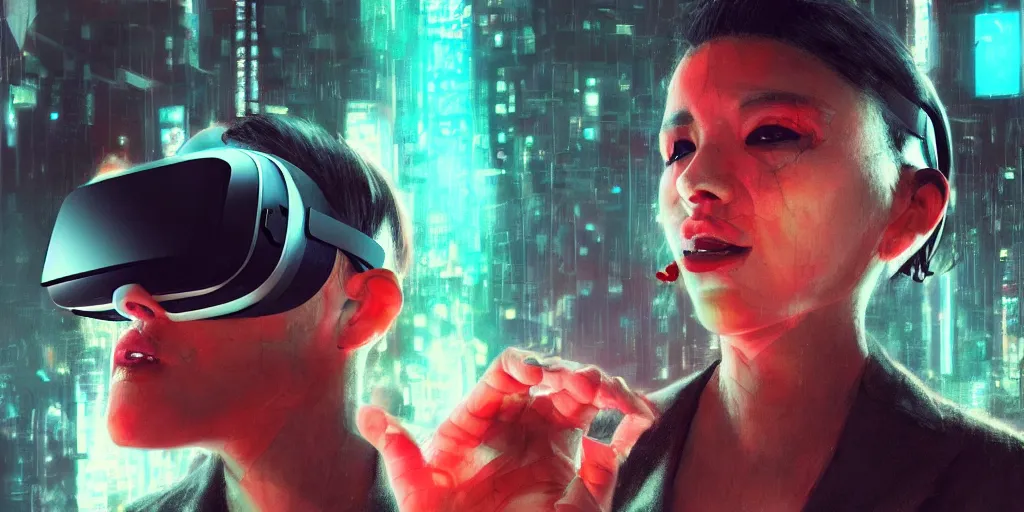 Image similar to a woman with a vr headset swallows a pill and hallucinates, cyberpunk art by keiichi koike, trending on cgsociety, retrofuturism, reimagined by industrial light and magic, darksynth, sci - fi