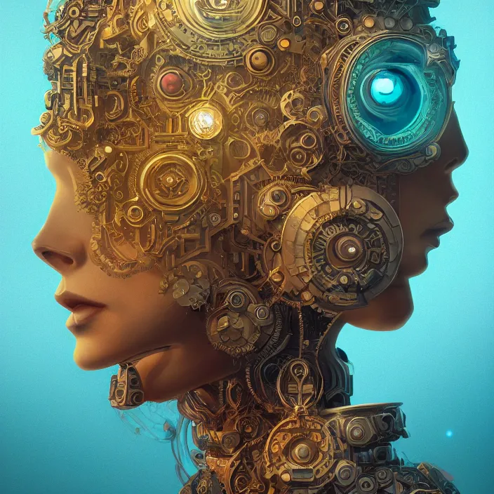 Image similar to beautiful symmetrical face portrait android woman time machine axonometric mechanical fantasy intricate elegant highly detailed in volumetric void of latent space lush flowers intricate jewellery, realm of the gods golden turquoise steampunk, axonometric high contrast cinematic light, mystical shadows, digital painting, sharp focus, octane render, photographic, concept art, artist leonardo davinci, unreal engine 8 k