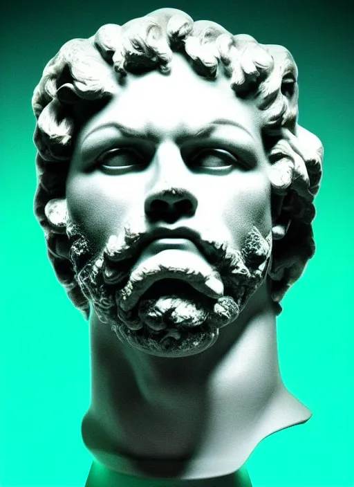 Image similar to bust of hercules, beeple, vaporwave, retrowave, black background, neon wiring, black, glitch, strong contrast, cuts, pinterest, trending on artstation