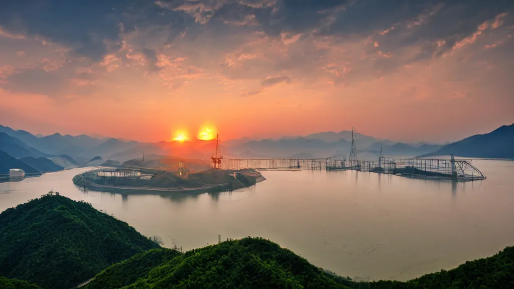 Prompt: A beautiful view of Three Gorges Dam in evening sunset time, magical sky