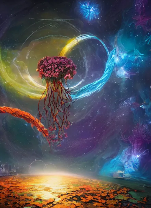 Image similar to An epic fantastic realism comic book style painting of the most beautiful entwined flowers launched across the dark galactic night sky, nebulous bouquets, fisheye lens, unreal 5, DAZ, hyperrealistic, octane render, dynamic lighting