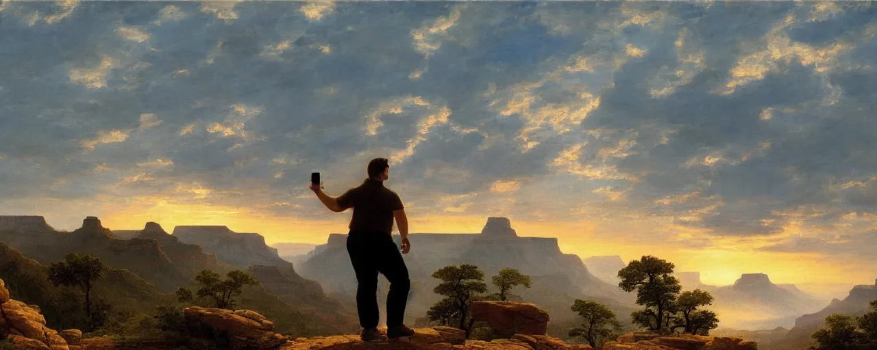 Image similar to romantic painting, wide shot of a chubby man in wearing a t - shirt and jorts ( looking at his cellphone )!!!!!! in front of a the grand canyon at sunrise, highly detailed, sublime, hyperrealistic, painted by caspar david friedrich and albert bierstadt, trending on artstation 8 k