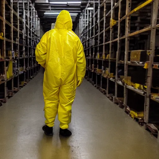 Prompt: a man wearing a yellow hazmat suit inside the backrooms, liminal space, flickering fluorescent lights, eerie mood