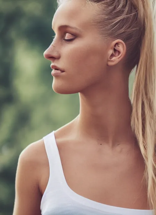 Image similar to photograph of an olive skinned blonde female model in her twenties, her hair pinned up, wearing a designer top, looking content, focused on her neck, photo realistic, extreme detail skin, natural beauty, no filter, slr, golden hour, 4 k, high definition, selfie