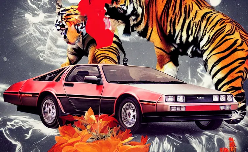 Image similar to a red delorean with a yellow tiger, art by hsiao - ron cheng & shinya edaki in a magazine collage style, # de 9 5 f 0