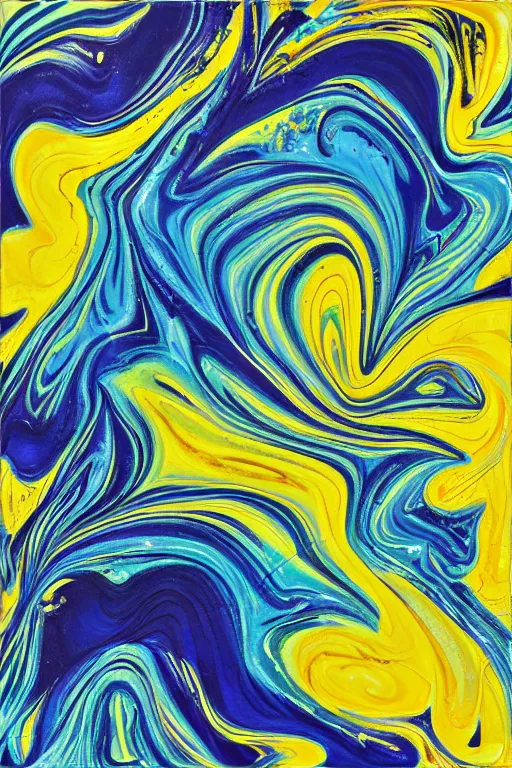 Prompt: acrylic paint pour, marbling, very detailed, large white border, 144x144 canvas, hd, high resolution print :1 Cyan, Yellow and Black :1