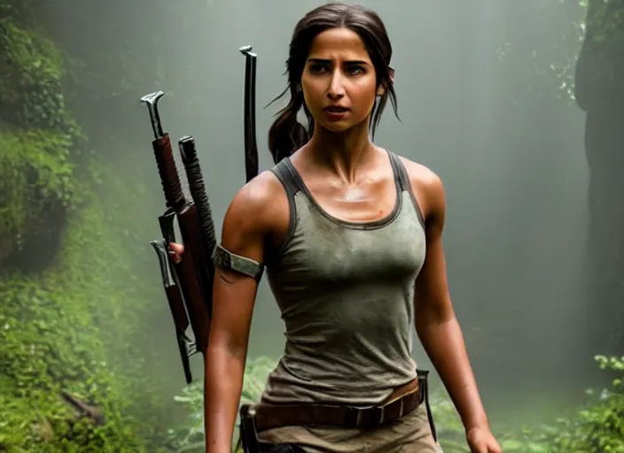 Image similar to film still of!!!! naomi scott!!! as lara croft in new tomb raider movie, 8 k