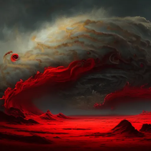 Prompt: ominous red swirling clouds, in style of Doom, in style of Midjourney, insanely detailed and intricate, golden ratio, elegant, ornate, unfathomable horror, elite, ominous, haunting, matte painting, cinematic, cgsociety, Andreas Marschall, James jean, Noah Bradley, Darius Zawadzki, vivid and vibrant