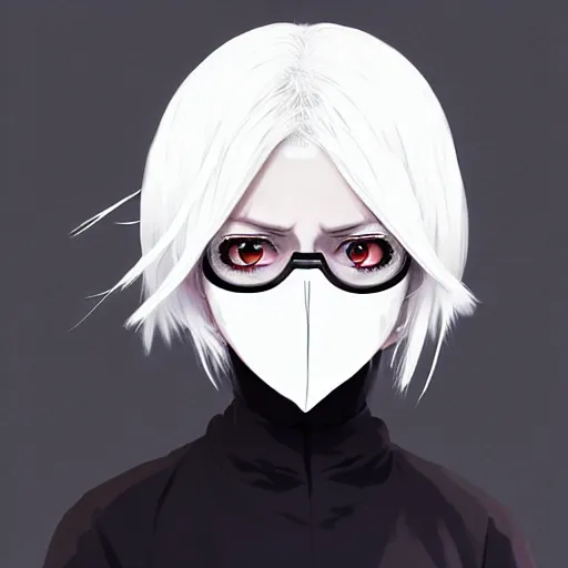 Prompt: White haired woman, with black facemask, techwear, matte print, digital art, cute smile, beautiful eyes, digital painting, fan art, pixiv, elegant, Ilya Kuvshinov style, Studio Ghibli