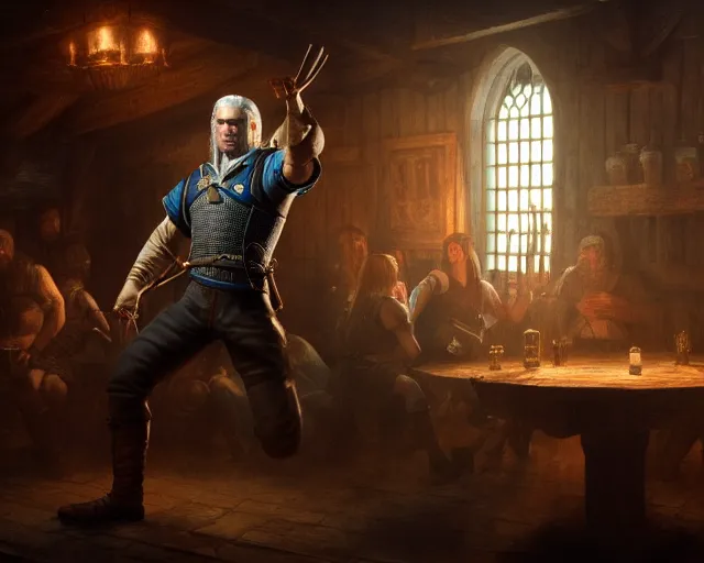 Prompt: 5 5 mm portrait photo of geralt of rivia dancing in a tavern. magical atmosphere. art by greg rutkowski. highly detailed 8 k. intricate. lifelike. soft light. nikon d 8 5 0.