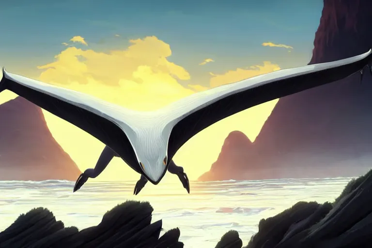 Image similar to a closeup of a large smooth skinned white creature hybrid pterosaur alien, small quills along it's back, long fangs, sitting on a cliff high in the sky, sunset, backlit, beautiful composition, over a rocky shore, jagged rocks in the far distance, by makoto shinkai an krenz cushart