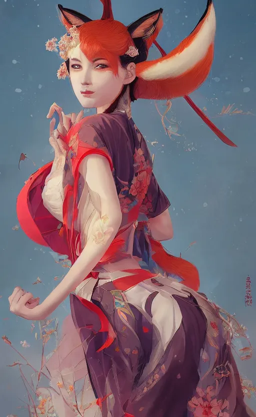 Image similar to An beautiful digital painting of a woman with fox ears and nine tails wearing a kimono, by Stanley Artgerm Lau, WLOP, Rossdraws, James Jean, Andrei Riabovitchev, and Marc Simonetti, trending on artstation