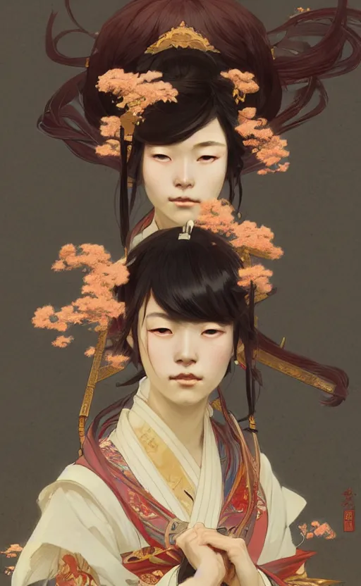 Prompt: a personification of Japan, highly detailed, digital painting, artstation, concept art, sharp focus, illustration, art by greg rutkowski and alphonse mucha