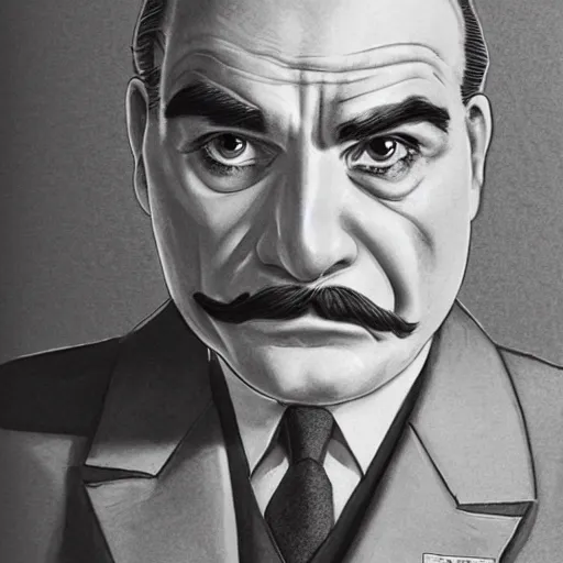 Prompt: pencil illustration of David suchet as hercule poirot, highly detailed, 8k, cinematic,