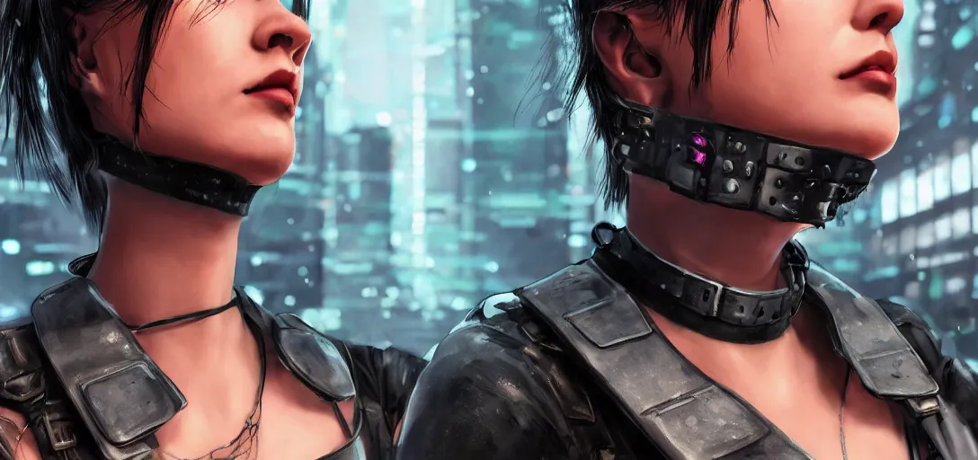 Image similar to detailed realistic female character cyberpunk wearing thick steel collar around neck, realistic, art, beautiful, 4K, collar, choker, collar around neck, punk, artstation, detailed, female, woman, choker, cyberpunk, neon, punk, collar, choker, collar around neck, thick collar, choker around neck, wearing choker, wearing collar,