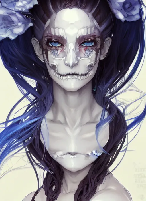 Prompt: highly detailed anime krenz cushart portrait art of a half skull face, white hair, black and blue eyes, white shirt, ross tran, vd, intricate, digital art, sharp focus, illustration, alphonse mucha