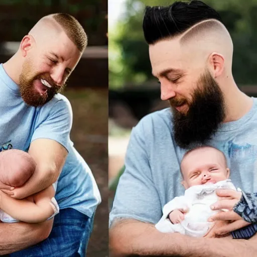 Prompt: a photo of a white man with a mid fade haircut and level 1 clipper beard that is happy with his 3 month year old baby boy and his wife who has dark hair.