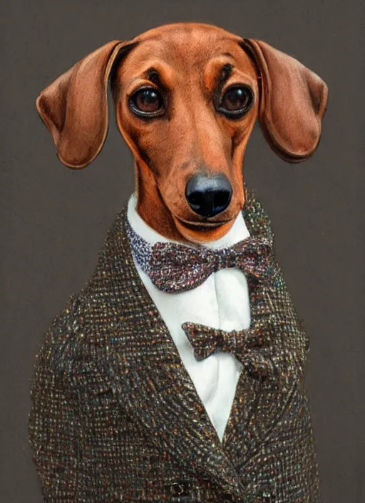 Image similar to dachshund with a raised highbrow, wearing a tweed jacket, wearing a monocle | highly detailed | very intricate | elaborate outfit | symmetrical | cinematic lighting | award - winning | closeup portrait | painted by donato giancola and mandy jurgens and charlie bowater | featured on artstation