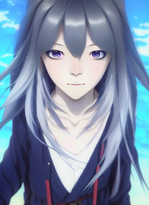 Image similar to a full body portrait of a japanese gray hair, adventurer young lady, with white hair and bangs!!!!, blue eyes, finely detailed features, closeup at the faces, perfect art, gapmoe yandere grimdark, trending on pixiv fanbox, painted by greg rutkowski makoto shinkai takashi takeuchi studio ghibli, akihiko yoshida,